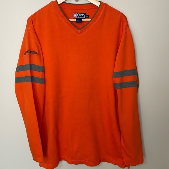 RALPH LAUREN CHAPS Vintage LG Men's Orange/Gray Long Sleeve V-Neck Cotton Top - Picture 1 of 9